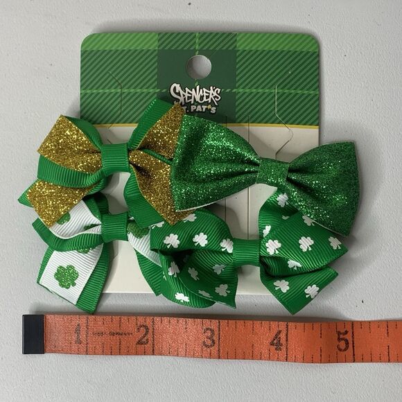 Spencer’s St Pat Patricks Day Ribbon Hair Bows Sparkle Green 4 Pk - Picture 3 of 3